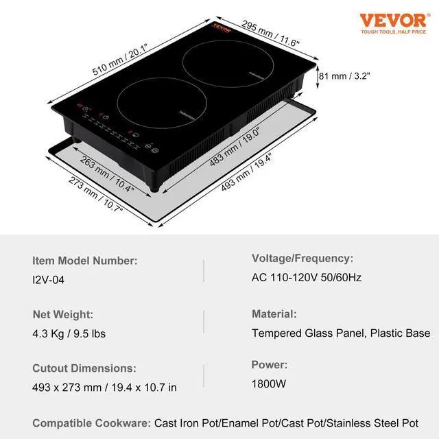 Alt view image 7 of 7 - Electric Cooktop, 2 Burners, 12'' Induction Stove Top, Built-in Magnetic Cooktop 1800W, 9 Heating Level Multifunctional Burner, LED Touch Screen w/Child Lock & Over-Temperature Protection