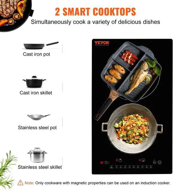 Alt view image 2 of 7 - Electric Cooktop, 2 Burners, 12'' Induction Stove Top, Built-in Magnetic Cooktop 1800W, 9 Heating Level Multifunctional Burner, LED Touch Screen w/Child Lock & Over-Temperature Protection