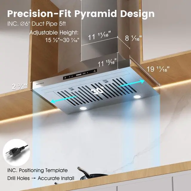 Alt view image 3 of 7 - 30-inch Wall Mount Range Hood, 900 CFM Full Copper Motor | Ducted/Ductless Kitchen Vent Hood with Triple Smart Controls (Gesture/Remote/Touch), Tunable LED Lighting, Stainless Steel