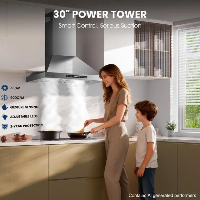 Alt view image 2 of 7 - 30-inch Wall Mount Range Hood, 900 CFM Full Copper Motor | Ducted/Ductless Kitchen Vent Hood with Triple Smart Controls (Gesture/Remote/Touch), Tunable LED Lighting, Stainless Steel