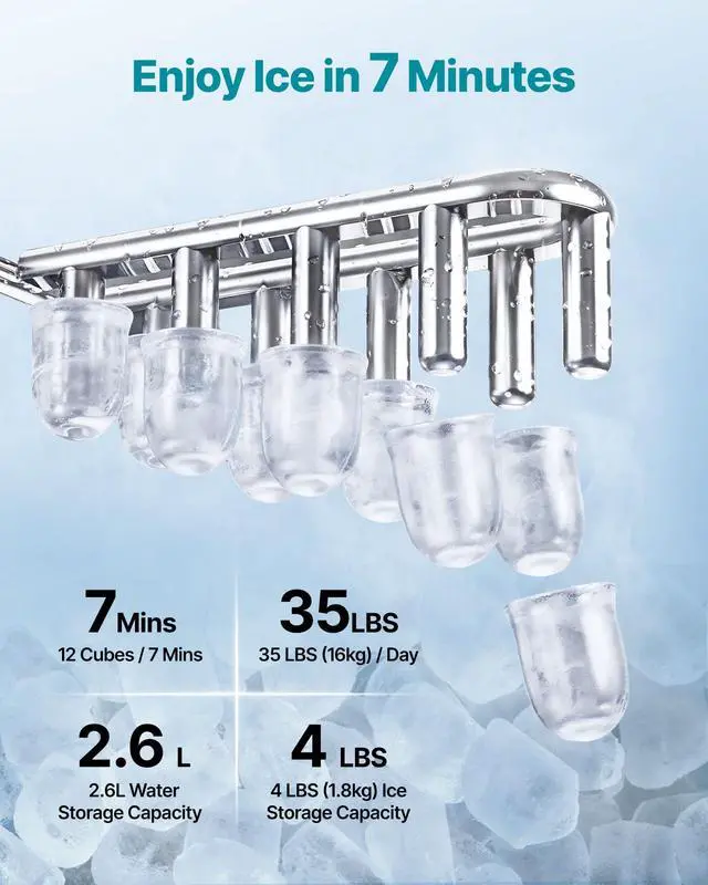 Alt view image 3 of 7 - Water Dispenser with Ice Maker, 3-in-1 Countertop Water Dispenser, 35 LBS/24H, 12 Cubes/7 Min Fast Ice Making with 4 LBS Storage, Bullet/Crushed ICES & Cold-Water, for Home, Kitchen, Party