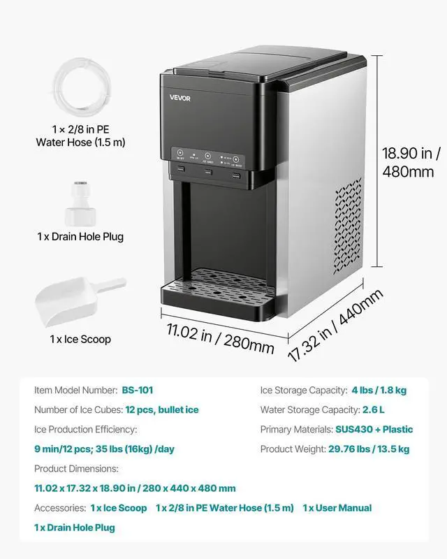 Alt view image 7 of 7 - Water Dispenser with Ice Maker, 3-in-1 Countertop Water Dispenser, 35 LBS/24H, 12 Cubes/7 Min Fast Ice Making with 4 LBS Storage, Bullet/Crushed ICES & Cold-Water, for Home, Kitchen, Party