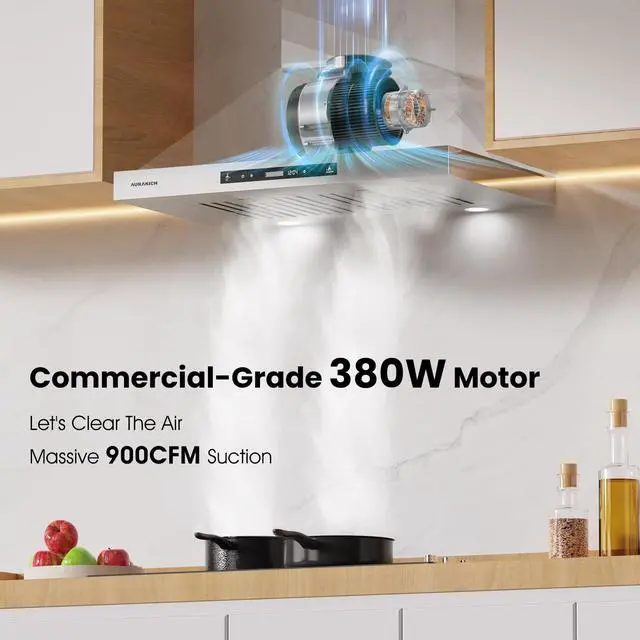 Alt view image 7 of 7 - 30-inch Wall Mount Range Hood, 900 CFM Full Copper Motor | Ducted/Ductless Kitchen Vent Hood with Triple Smart Controls (Gesture/Remote/Touch), Tunable LED Lighting, Stainless Steel