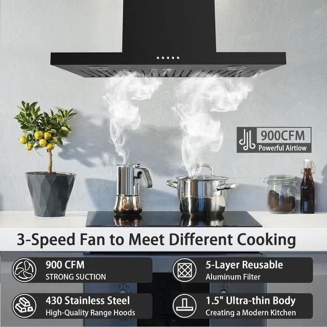 Alt view image 2 of 7 - 30" Range Hood - 650 CFM Wall Mount Kitchen Exhaust with 3 Speed Fan, LED Lights, Push Button, Ultra-thin Body, Chimney Style Stove Vent Hood & Ducted Exhaust Vent, Black