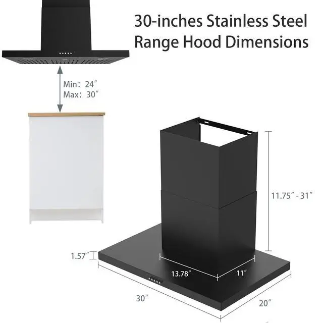 Alt view image 4 of 7 - 30" Range Hood - 650 CFM Wall Mount Kitchen Exhaust with 3 Speed Fan, LED Lights, Push Button, Ultra-thin Body, Chimney Style Stove Vent Hood & Ducted Exhaust Vent, Black