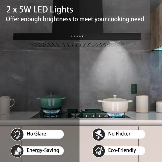 Alt view image 5 of 7 - 30" Range Hood - 650 CFM Wall Mount Kitchen Exhaust with 3 Speed Fan, LED Lights, Push Button, Ultra-thin Body, Chimney Style Stove Vent Hood & Ducted Exhaust Vent, Black