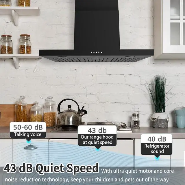 Alt view image 7 of 7 - 30" Range Hood - 650 CFM Wall Mount Kitchen Exhaust with 3 Speed Fan, LED Lights, Push Button, Ultra-thin Body, Chimney Style Stove Vent Hood & Ducted Exhaust Vent, Black