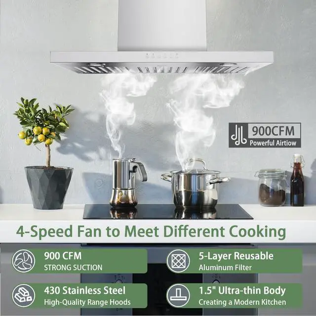 Alt view image 2 of 7 - 30" Range Hood - 900 CFM Stainless Steel Wall Mount Kitchen Exhaust with 4 Speed Fan, LED Lights, Push Button, Ultra-thin Body, Chimney Style Stove Vent Hood & Ducted Exhaust Vent