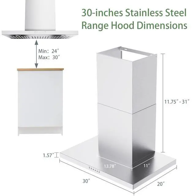 Alt view image 4 of 7 - 30" Range Hood - 900 CFM Stainless Steel Wall Mount Kitchen Exhaust with 4 Speed Fan, LED Lights, Push Button, Ultra-thin Body, Chimney Style Stove Vent Hood & Ducted Exhaust Vent