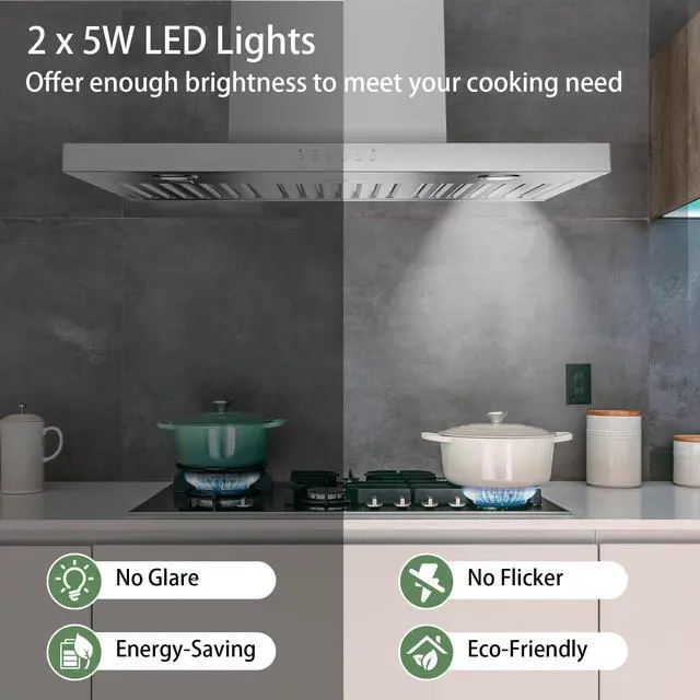 Alt view image 5 of 7 - 30" Range Hood - 900 CFM Stainless Steel Wall Mount Kitchen Exhaust with 4 Speed Fan, LED Lights, Push Button, Ultra-thin Body, Chimney Style Stove Vent Hood & Ducted Exhaust Vent