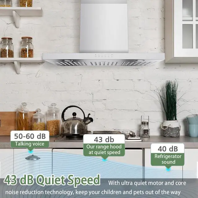 Alt view image 6 of 7 - 30" Range Hood - 900 CFM Stainless Steel Wall Mount Kitchen Exhaust with 4 Speed Fan, LED Lights, Push Button, Ultra-thin Body, Chimney Style Stove Vent Hood & Ducted Exhaust Vent