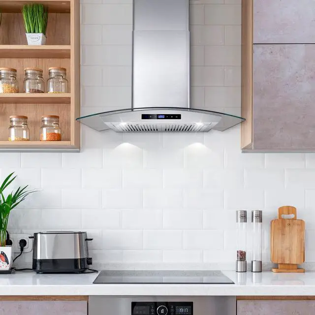 Alt view image 2 of 7 - 30 in. Vista Coll 380 CFM Ducted Wall Mount Range Hood LED, Stainless Steel | COS-668WRCS75 Soft Touch Controls, 3 Fan Speeds, Glass Visor, Permanent Dishwasher-Safe Baffle Filters