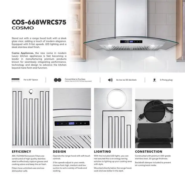 Alt view image 3 of 7 - 30 in. Vista Coll 380 CFM Ducted Wall Mount Range Hood LED, Stainless Steel | COS-668WRCS75 Soft Touch Controls, 3 Fan Speeds, Glass Visor, Permanent Dishwasher-Safe Baffle Filters