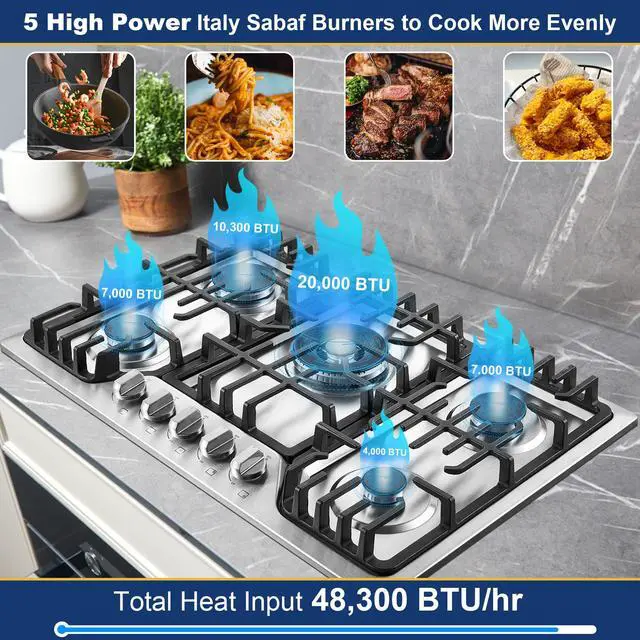 Alt view image 2 of 7 - Gas Cooktop 30 Inch with 5 Italy SABAF Powerful Burners, Max 48,300 BTU/hr Gas Stove Top, Built-in 304 Stainless Steel Propane Stove, NG/LPG Convertible, CSA Certified