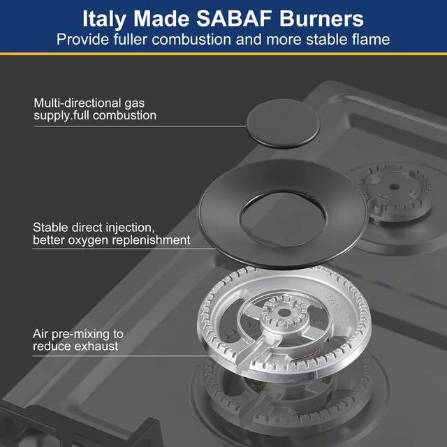 Alt view image 3 of 7 - Gas Cooktop 30 Inch with 5 Italy SABAF Powerful Burners, Max 48,300 BTU/hr Gas Stove Top, Built-in 304 Stainless Steel Propane Stove, NG/LPG Convertible, CSA Certified