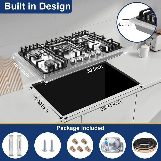 Alt view image 6 of 7 - Gas Cooktop 30 Inch with 5 Italy SABAF Powerful Burners, Max 48,300 BTU/hr Gas Stove Top, Built-in 304 Stainless Steel Propane Stove, NG/LPG Convertible, CSA Certified