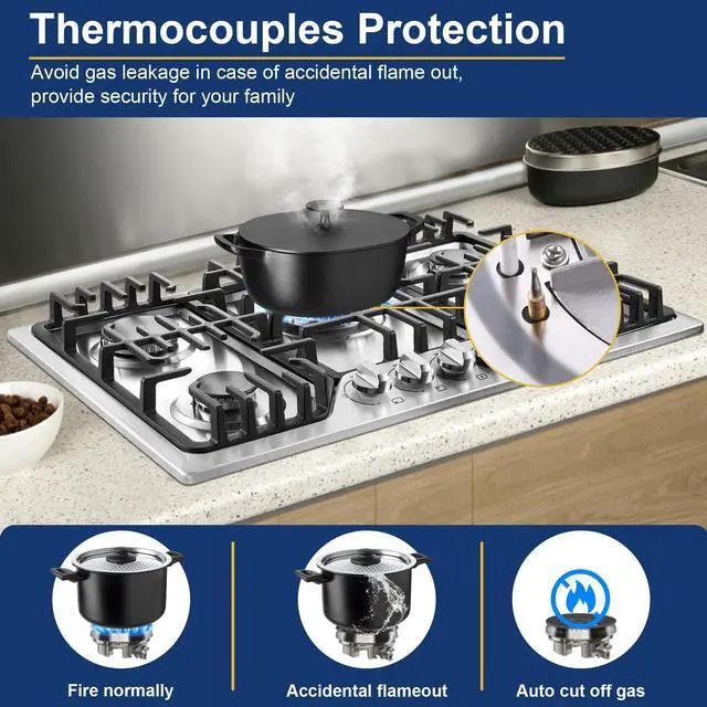 Alt view image 5 of 7 - Gas Cooktop 30 Inch with 5 Italy SABAF Powerful Burners, Max 48,300 BTU/hr Gas Stove Top, Built-in 304 Stainless Steel Propane Stove, NG/LPG Convertible, CSA Certified