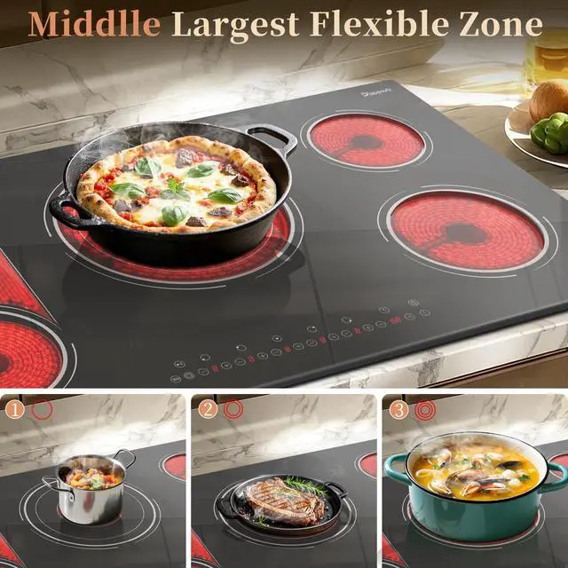 Alt view image 2 of 6 - Electric Cooktop 34.25 Inch 5 Burner Powerful 9600W | 36 Inches 5 Zones Electric Stove Built-in, 3900W Flexible Zone, 99-Min Timer, Safety Lock, 220V - 240V Hard Wired, No Plug
