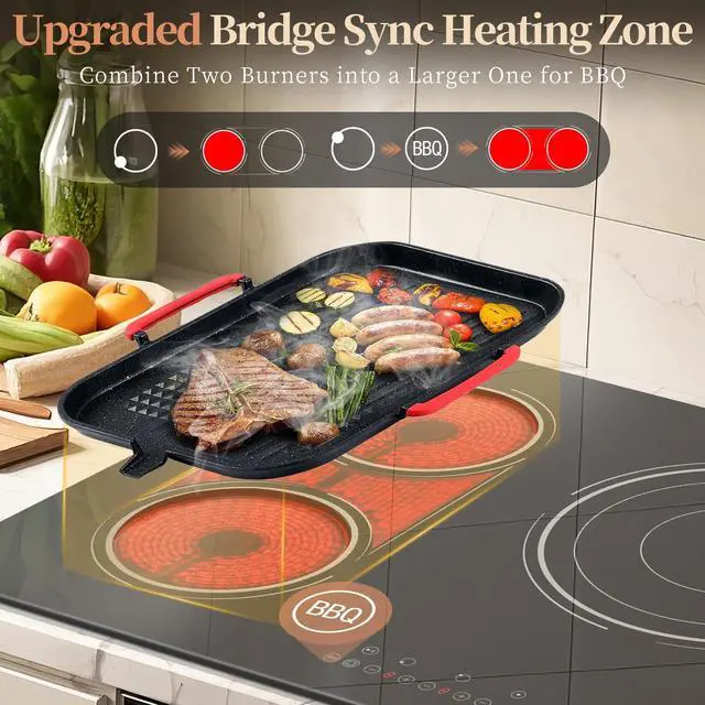 Alt view image 3 of 6 - Electric Cooktop 34.25 Inch 5 Burner Powerful 9600W | 36 Inches 5 Zones Electric Stove Built-in, 3900W Flexible Zone, 99-Min Timer, Safety Lock, 220V - 240V Hard Wired, No Plug
