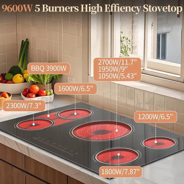 Alt view image 4 of 6 - Electric Cooktop 34.25 Inch 5 Burner Powerful 9600W | 36 Inches 5 Zones Electric Stove Built-in, 3900W Flexible Zone, 99-Min Timer, Safety Lock, 220V - 240V Hard Wired, No Plug
