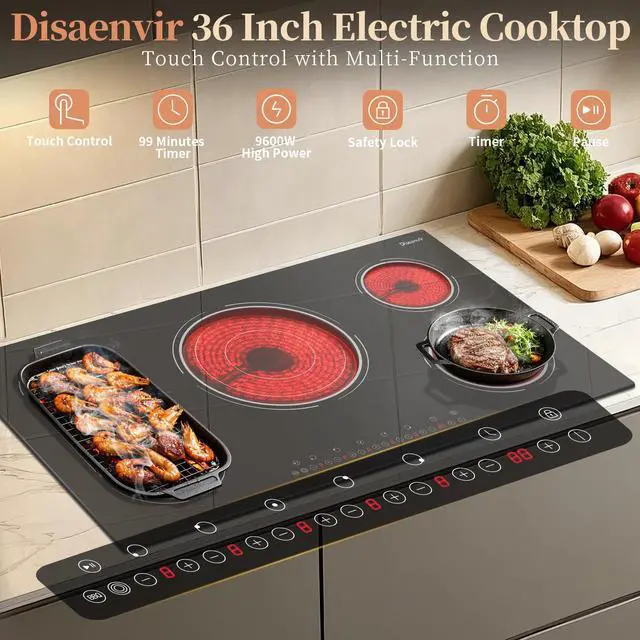 Alt view image 5 of 6 - Electric Cooktop 34.25 Inch 5 Burner Powerful 9600W | 36 Inches 5 Zones Electric Stove Built-in, 3900W Flexible Zone, 99-Min Timer, Safety Lock, 220V - 240V Hard Wired, No Plug
