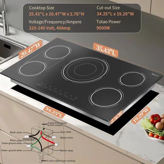 Alt view image 6 of 6 - Electric Cooktop 34.25 Inch 5 Burner Powerful 9600W | 36 Inches 5 Zones Electric Stove Built-in, 3900W Flexible Zone, 99-Min Timer, Safety Lock, 220V - 240V Hard Wired, No Plug