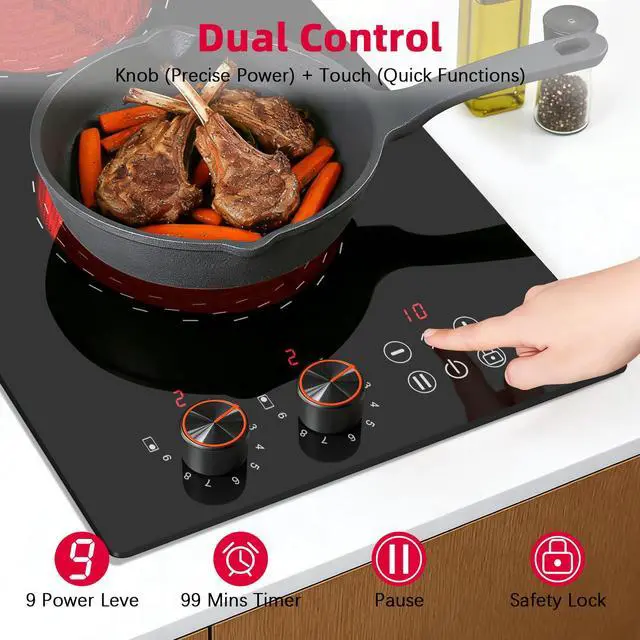 Alt view image 2 of 7 - Hobsir 2 Burner Electric Cooktop 110V with Plug, 2000W Knob & Touch Control | 12 Inch Compact Kitchen Design, 99-Min Timer, Safety Lock, Pause Function and Effortless Cleanup for Daily Meals