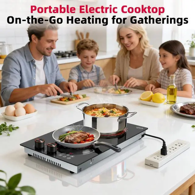 Alt view image 3 of 7 - Hobsir 2 Burner Electric Cooktop 110V with Plug, 2000W Knob & Touch Control | 12 Inch Compact Kitchen Design, 99-Min Timer, Safety Lock, Pause Function and Effortless Cleanup for Daily Meals