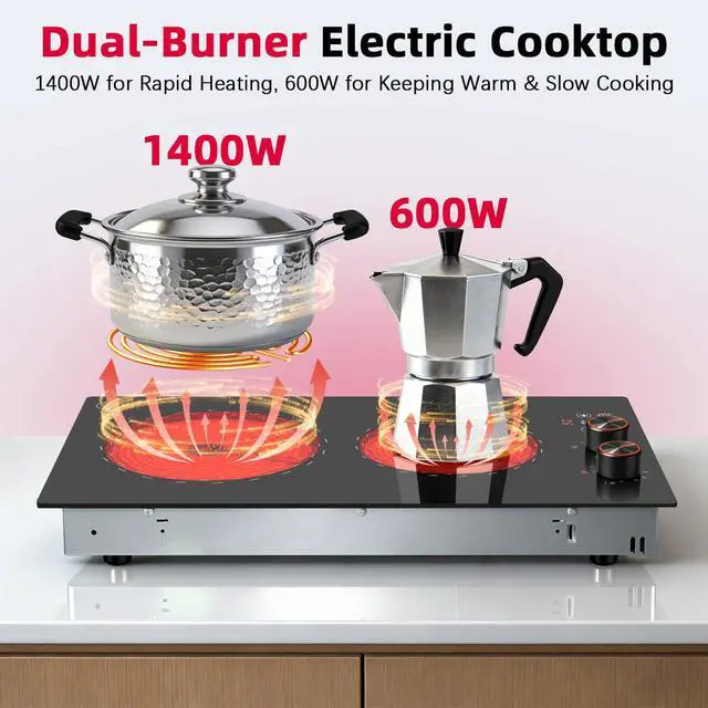 Alt view image 4 of 7 - Hobsir 2 Burner Electric Cooktop 110V with Plug, 2000W Knob & Touch Control | 12 Inch Compact Kitchen Design, 99-Min Timer, Safety Lock, Pause Function and Effortless Cleanup for Daily Meals