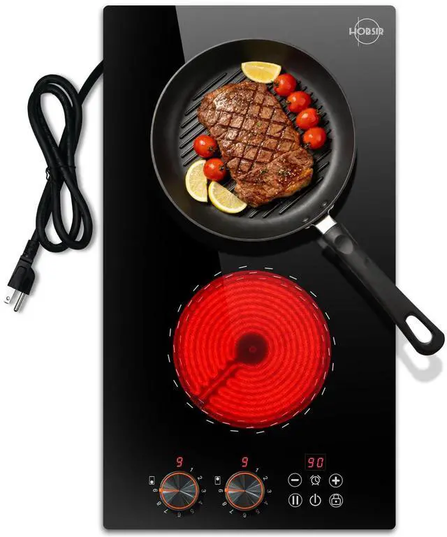 Main image of Hobsir 2 Burner Electric Cooktop 110V with Plug, 2000W Knob & Touch Control | 12 Inch Compact Kitchen Design, 99-Min Timer, Safety Lock, Pause Function and Effortless Cleanup for Daily Meals