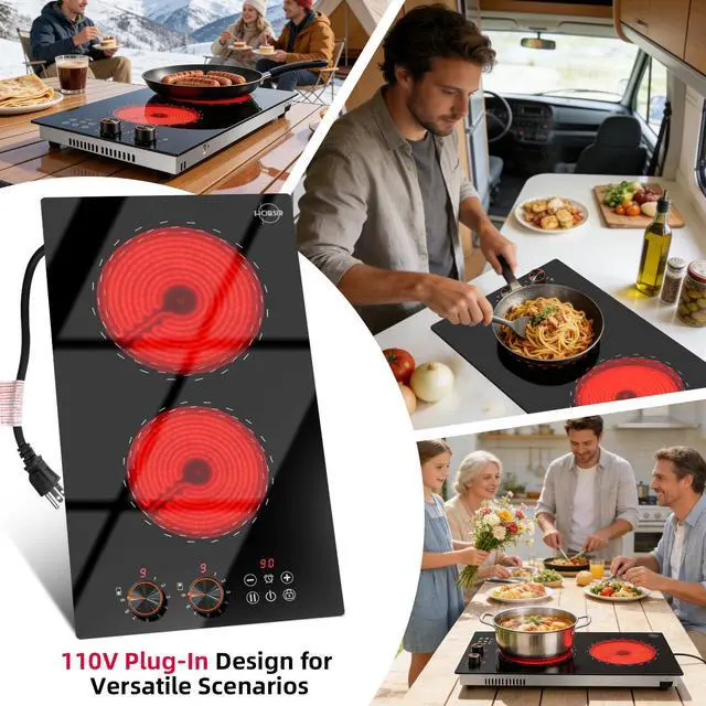 Alt view image 6 of 7 - Hobsir 2 Burner Electric Cooktop 110V with Plug, 2000W Knob & Touch Control | 12 Inch Compact Kitchen Design, 99-Min Timer, Safety Lock, Pause Function and Effortless Cleanup for Daily Meals