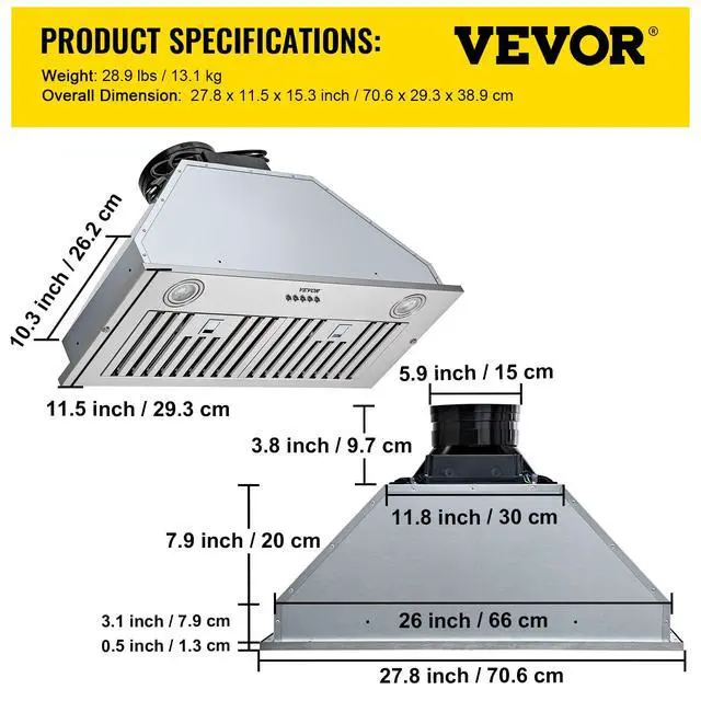 Alt view image 7 of 7 - Insert Range Hood, 800CFM 3-Speed, 30 Inch Stainless Steel Built-in Kitchen Vent with Push Button Control LED Lights Baffle Filters, Ducted/Ductless Convertible, ETL Listed