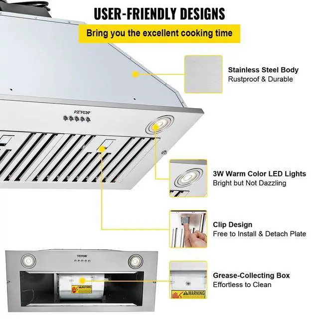 Alt view image 6 of 7 - Insert Range Hood, 800CFM 3-Speed, 30 Inch Stainless Steel Built-in Kitchen Vent with Push Button Control LED Lights Baffle Filters, Ducted/Ductless Convertible, ETL Listed