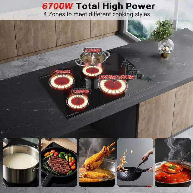 Alt view image 3 of 7 - Electric Cooktop 30 Inch - 4 Burners Built-in Ceramic Cooktop, 30" Radiant Electric Stove Top with Knob Control, Hot Surface Indicator, 6700W, 220-240V Hard Wire(No Plug)