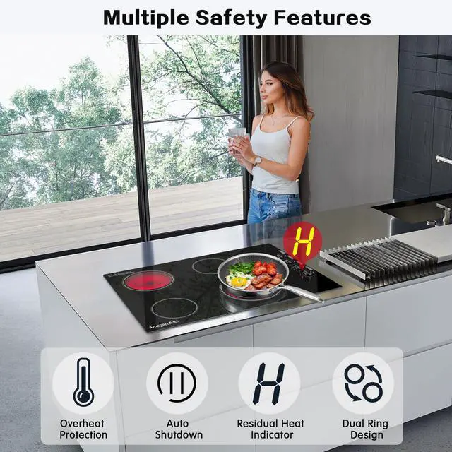 Alt view image 4 of 7 - Electric Cooktop 30 Inch - 4 Burners Built-in Ceramic Cooktop, 30" Radiant Electric Stove Top with Knob Control, Hot Surface Indicator, 6700W, 220-240V Hard Wire(No Plug)