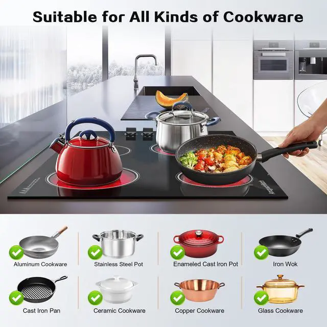 Alt view image 6 of 7 - Electric Cooktop 30 Inch - 4 Burners Built-in Ceramic Cooktop, 30" Radiant Electric Stove Top with Knob Control, Hot Surface Indicator, 6700W, 220-240V Hard Wire(No Plug)
