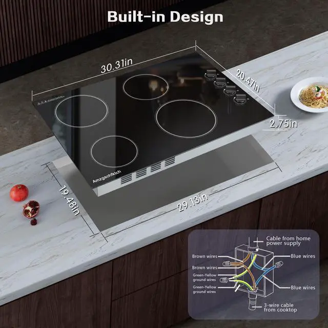 Alt view image 7 of 7 - Electric Cooktop 30 Inch - 4 Burners Built-in Ceramic Cooktop, 30" Radiant Electric Stove Top with Knob Control, Hot Surface Indicator, 6700W, 220-240V Hard Wire(No Plug)