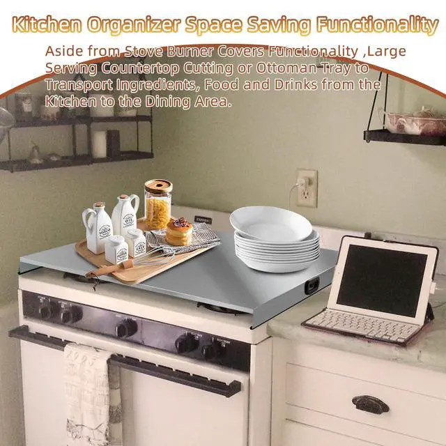Alt view image 2 of 7 - Stainless Steel Gas Stove Top Cover, Noodle Board Cooktop Cover, Kitchen Organizer for Gas and Electric Stove Range Expanding Kitchen Space, Large Size 36"x 23.6"x3", Sliver