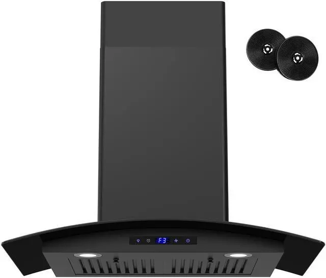 Main image of Range Hood 30 inch, 600 CFM Wall Mount Glass Kitchen Hood Ducted/Ductless Convertible with 3-Speed Fan, Screen Control, Time Setting, LED Lights, Black Painted Stainless Steel Vent Hood