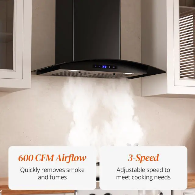 Alt view image 2 of 7 - Range Hood 30 inch, 600 CFM Wall Mount Glass Kitchen Hood Ducted/Ductless Convertible with 3-Speed Fan, Screen Control, Time Setting, LED Lights, Black Painted Stainless Steel Vent Hood