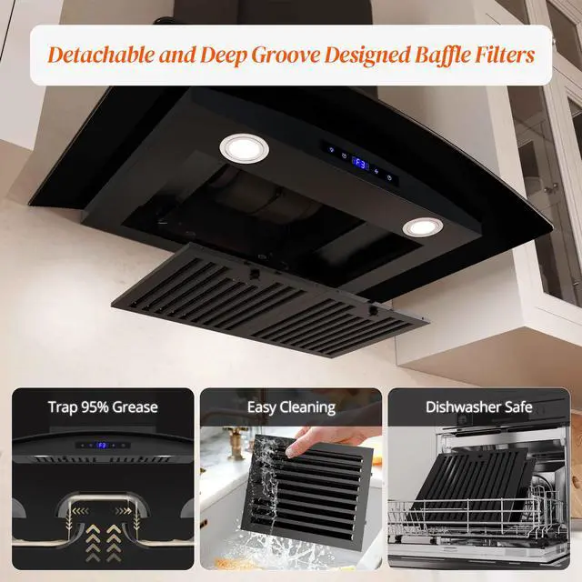 Alt view image 3 of 7 - Range Hood 30 inch, 600 CFM Wall Mount Glass Kitchen Hood Ducted/Ductless Convertible with 3-Speed Fan, Screen Control, Time Setting, LED Lights, Black Painted Stainless Steel Vent Hood