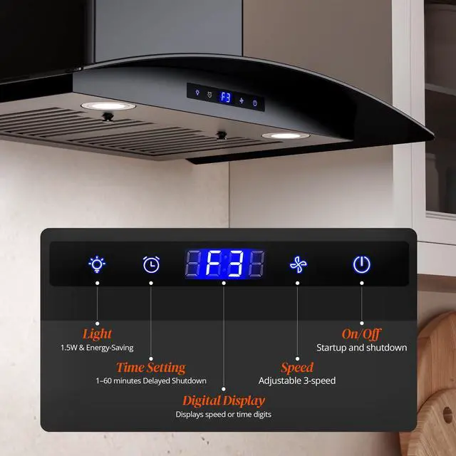 Alt view image 4 of 7 - Range Hood 30 inch, 600 CFM Wall Mount Glass Kitchen Hood Ducted/Ductless Convertible with 3-Speed Fan, Screen Control, Time Setting, LED Lights, Black Painted Stainless Steel Vent Hood