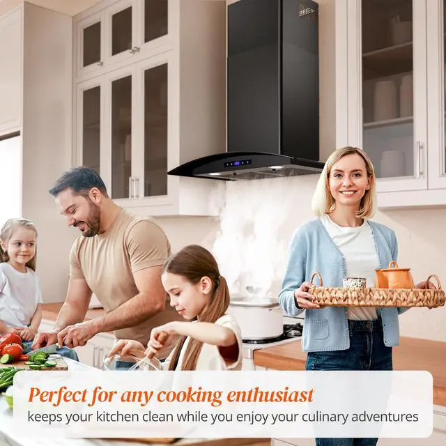 Alt view image 5 of 7 - Range Hood 30 inch, 600 CFM Wall Mount Glass Kitchen Hood Ducted/Ductless Convertible with 3-Speed Fan, Screen Control, Time Setting, LED Lights, Black Painted Stainless Steel Vent Hood