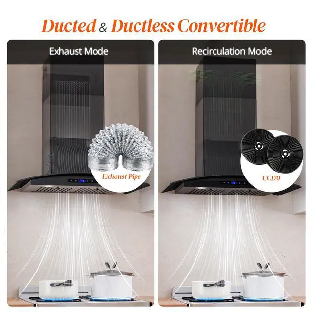 Alt view image 6 of 7 - Range Hood 30 inch, 600 CFM Wall Mount Glass Kitchen Hood Ducted/Ductless Convertible with 3-Speed Fan, Screen Control, Time Setting, LED Lights, Black Painted Stainless Steel Vent Hood