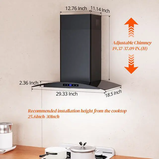 Alt view image 7 of 7 - Range Hood 30 inch, 600 CFM Wall Mount Glass Kitchen Hood Ducted/Ductless Convertible with 3-Speed Fan, Screen Control, Time Setting, LED Lights, Black Painted Stainless Steel Vent Hood