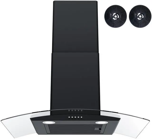 Main image of Wall Mount Range Hood 30 inch with 3 Speed Fan,black range hood with tempered glass,400CFM,Push Button Controls, LED Lighting, Permanent Filters in Stainless Steel,includes 2 Charcoal Filters