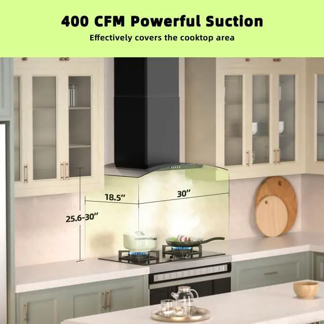 Alt view image 2 of 7 - Wall Mount Range Hood 30 inch with 3 Speed Fan,black range hood with tempered glass,400CFM,Push Button Controls, LED Lighting, Permanent Filters in Stainless Steel,includes 2 Charcoal Filters