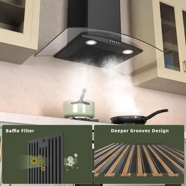 Alt view image 4 of 7 - Wall Mount Range Hood 30 inch with 3 Speed Fan,black range hood with tempered glass,400CFM,Push Button Controls, LED Lighting, Permanent Filters in Stainless Steel,includes 2 Charcoal Filters