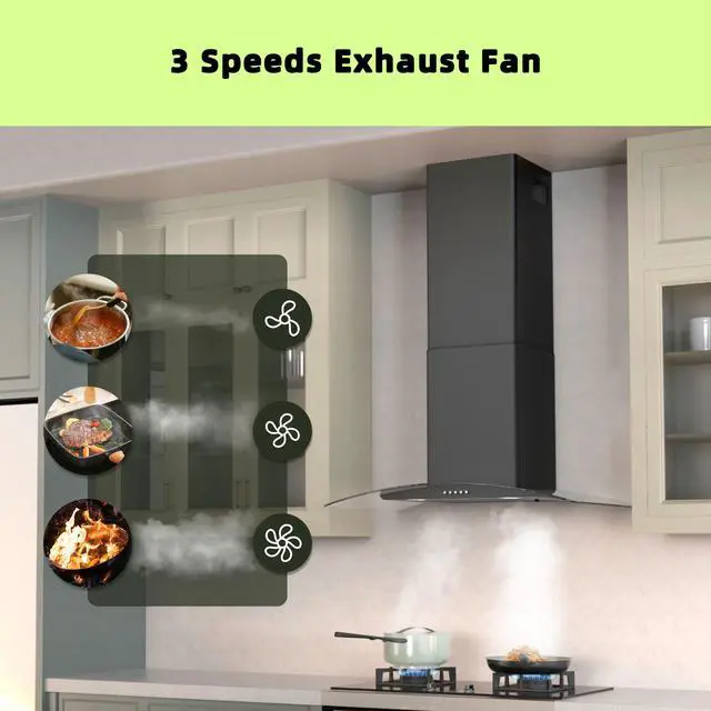 Alt view image 3 of 7 - Wall Mount Range Hood 30 inch with 3 Speed Fan,black range hood with tempered glass,400CFM,Push Button Controls, LED Lighting, Permanent Filters in Stainless Steel,includes 2 Charcoal Filters