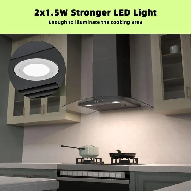 Alt view image 5 of 7 - Wall Mount Range Hood 30 inch with 3 Speed Fan,black range hood with tempered glass,400CFM,Push Button Controls, LED Lighting, Permanent Filters in Stainless Steel,includes 2 Charcoal Filters